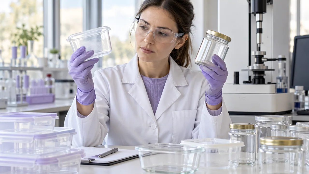 Malzeme laboratuvarında gıda kapları ve ambalaj örneklerini değerlendiren uzman