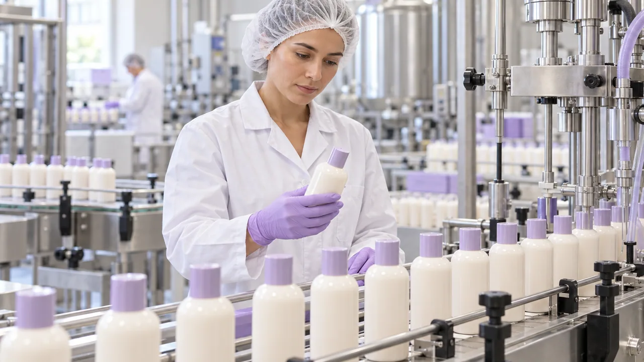 Kozmetik dolum hattını koruyucu giysiyle kontrol eden üretim görevlisi